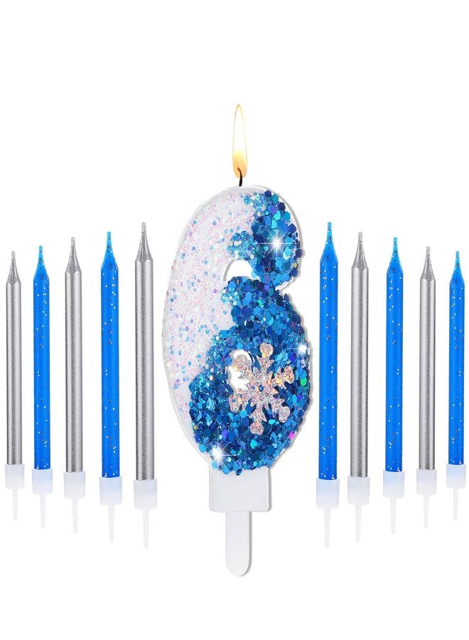 Herdear 2.8" Frozen Birthday Candles Snowflake Number Candles with 10 Pcs Long Thin Candles Blue Number 0-9 for Cake Topper Birthday Frozen Birthday Supplies(Number 6) - Image 1